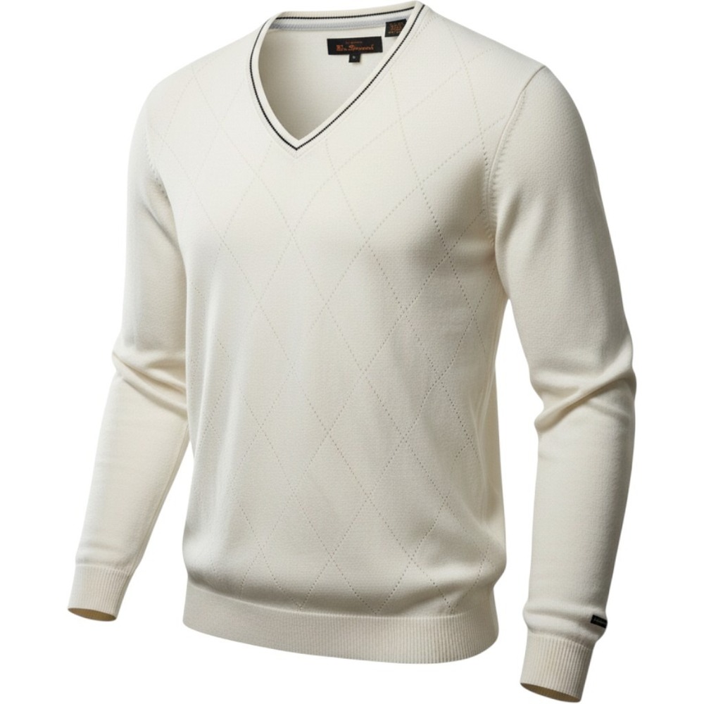 Ben Sherman Mens L Cream Argyle V Neck Sweater 100% Cotton Preppy Mod MA3612M